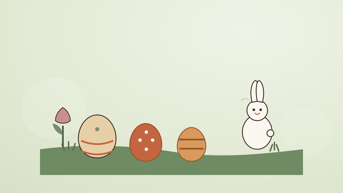 Illustration de Pâques : œufs décorés, lapin et tulipe en argile sur l'herbe