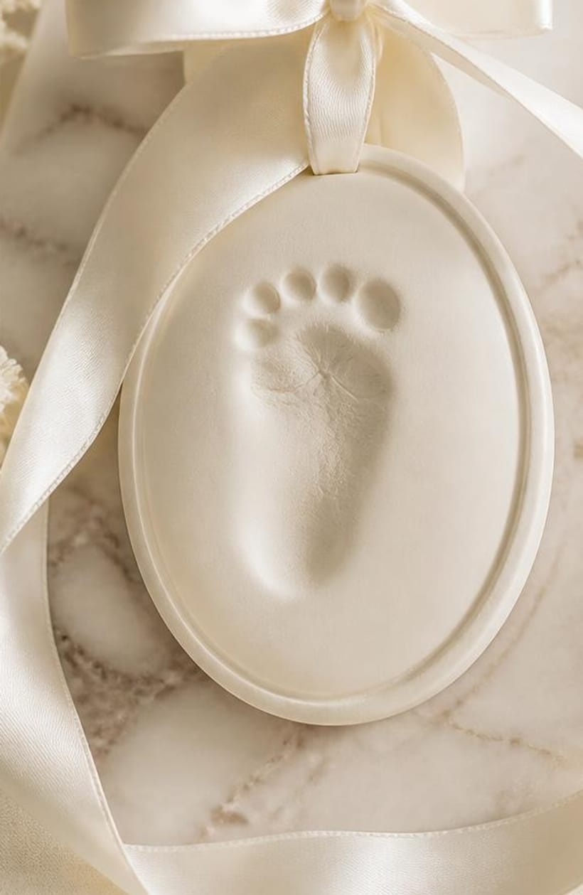 Empreinte de pied de bébé sur un médaillon ovale en argile crème, suspendu à un ruban de satin ivoire