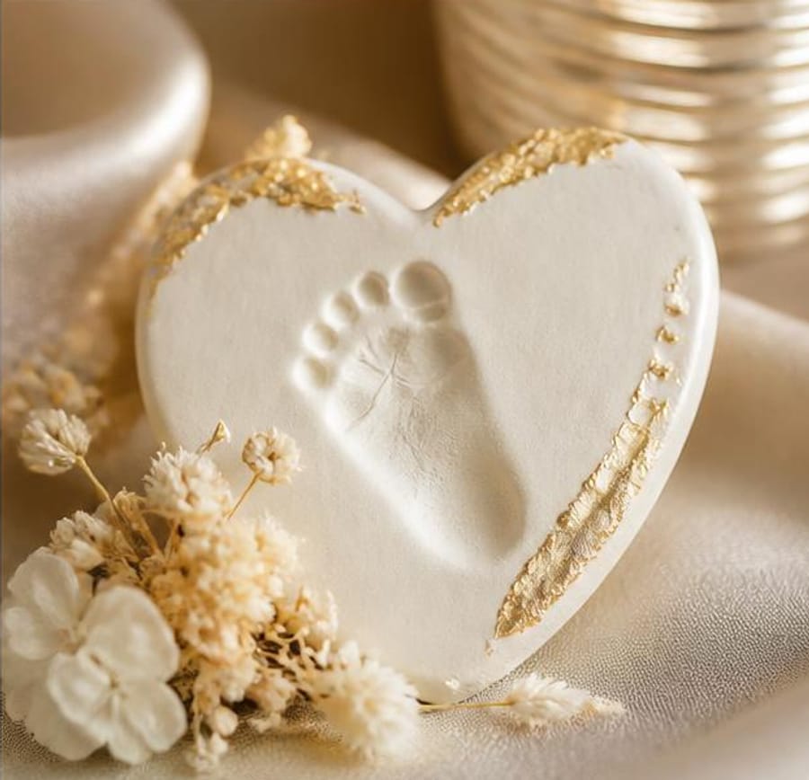 Empreinte de pied de bébé sur un cœur en argile orné de fleurs séchées et d'un fin liseré de feuille d'or