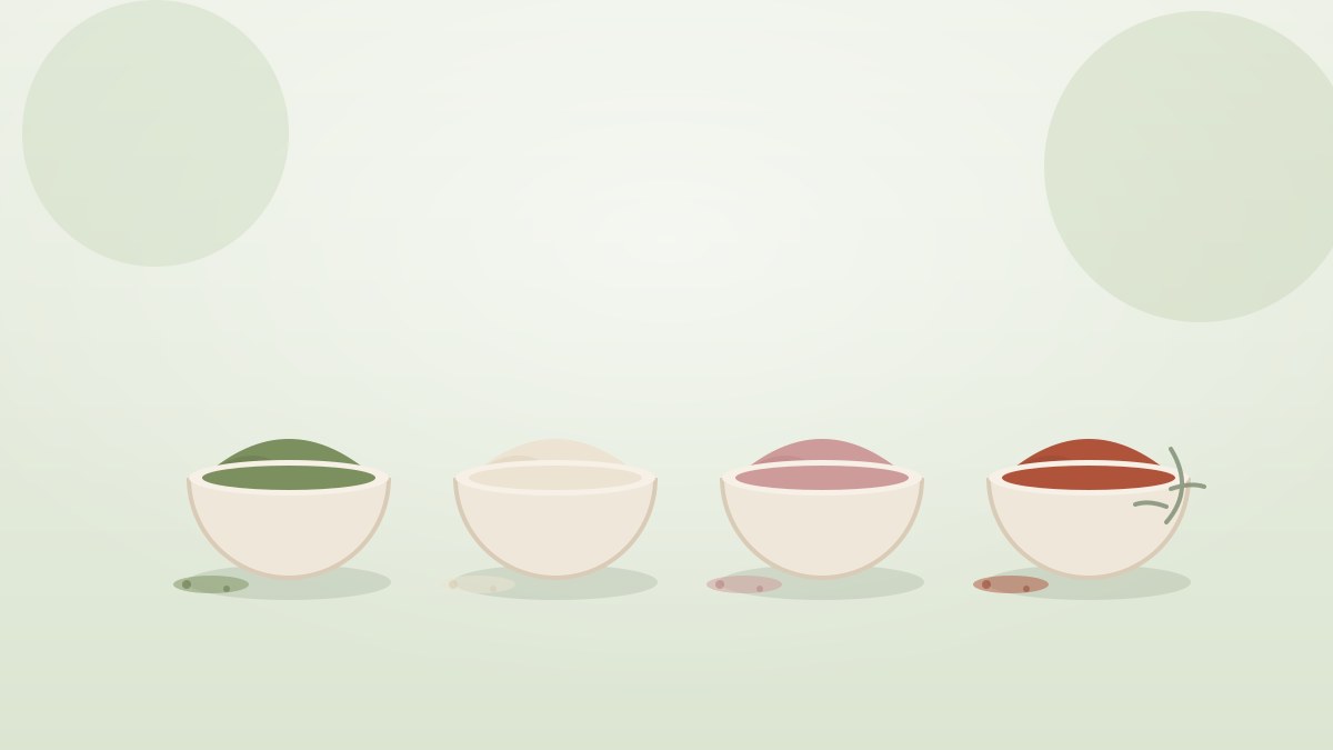 Quatre bols d'argile cosmétique en poudre : verte, blanche, rose et rouge